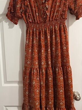 Max Studio Rust Floral Midi Dress with Smocked Waist